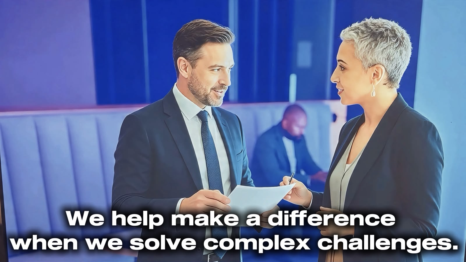 Two business professionals in discussion — We help make a difference when we solve complex challenges.